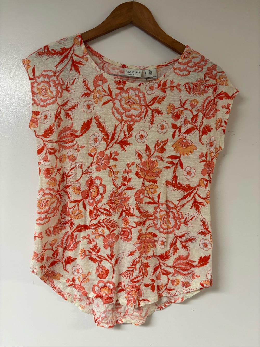 Rachel Zoe Cream Top with Coral Floral Print 100% Linen Size Small